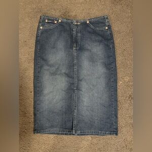 Angel Jeans Y2K Dark Wash Denim Low Rise Distressed Midi Jean Skirt Size M